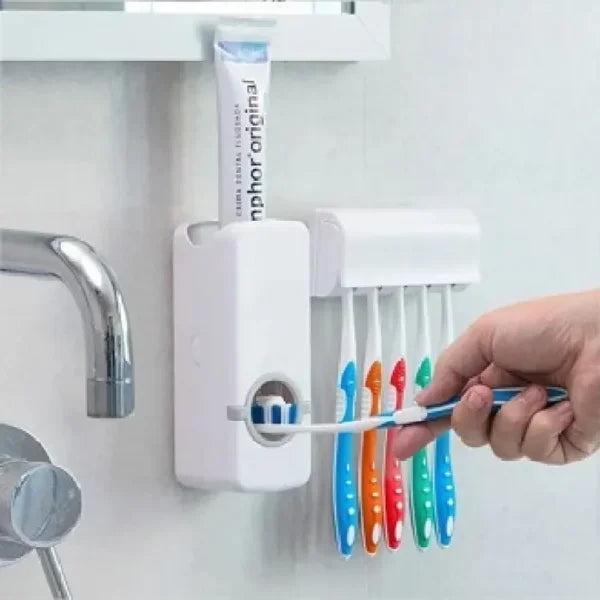 Toothpaste Dispenser With 5 Brush Holder Wall Mounted Automatic Hands Free